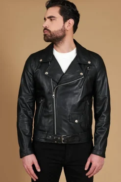 Uomo D'Arienzo Chiodo biker - Chiodo biker in pelle nera con cintura nappa effetto liscio