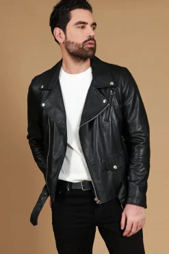Uomo D'Arienzo Chiodo biker - Chiodo biker in pelle nera con cintura nappa effetto liscio