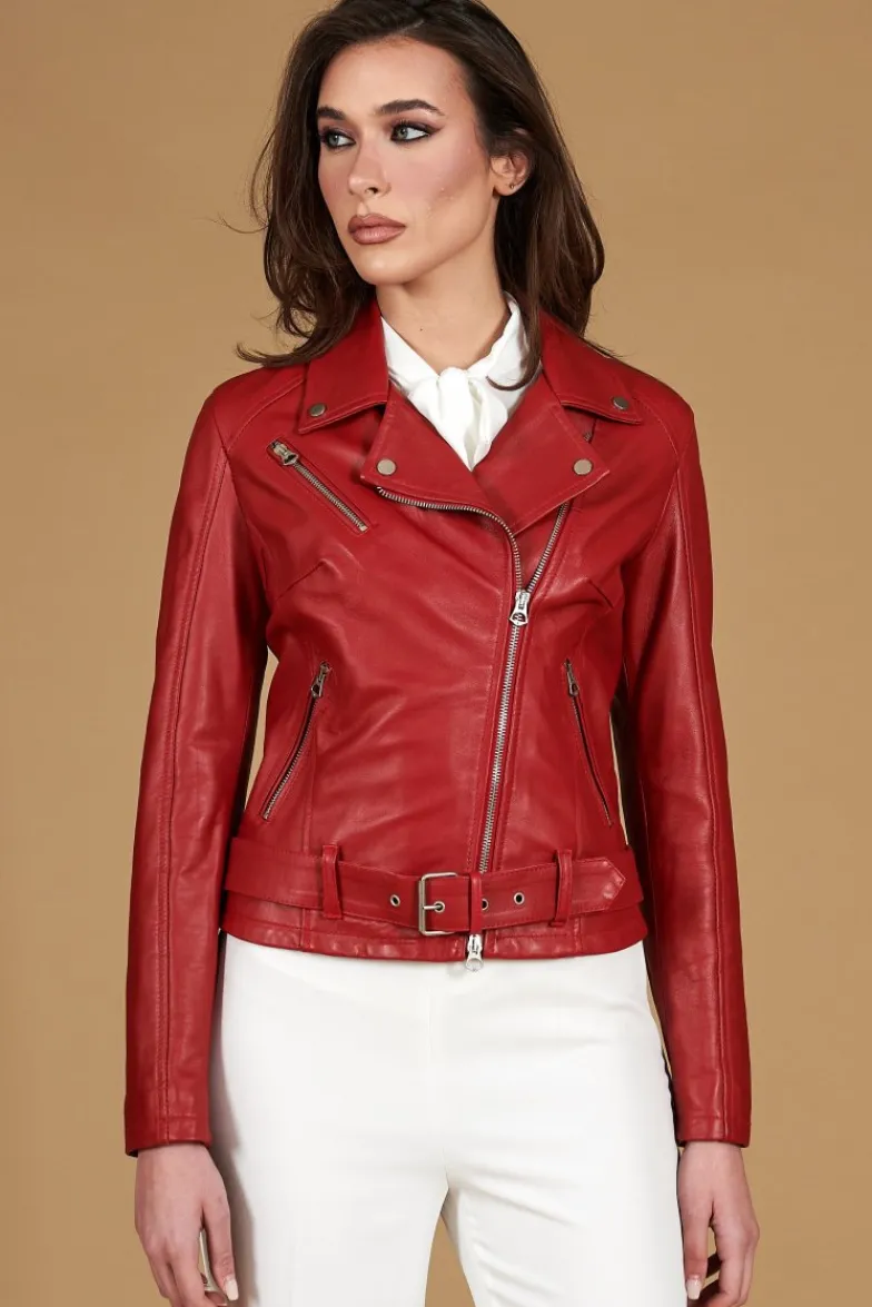Donna D'Arienzo Chiodo D - Chiodo in pelle rossa con cintura nappa effetto liscio