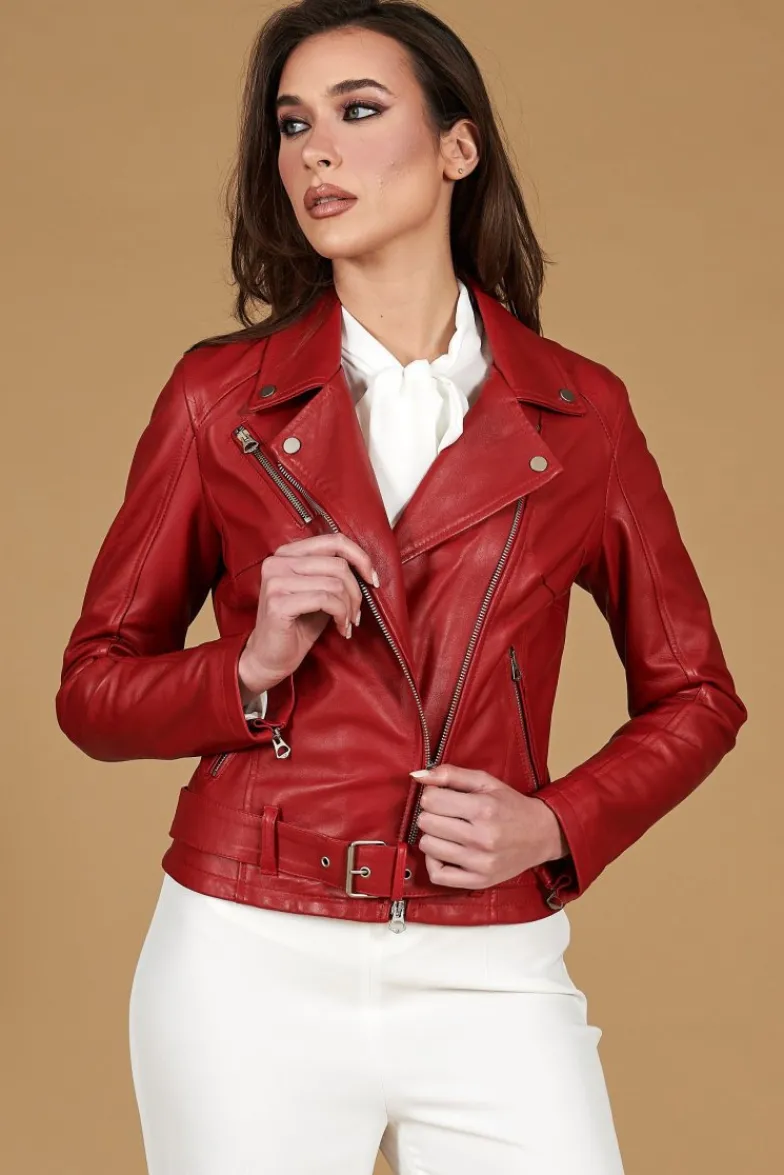 Donna D'Arienzo Chiodo D - Chiodo in pelle rossa con cintura nappa effetto liscio
