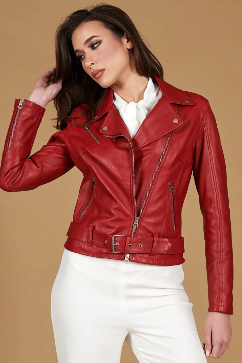 Donna D'Arienzo Chiodo D - Chiodo in pelle rossa con cintura nappa effetto liscio