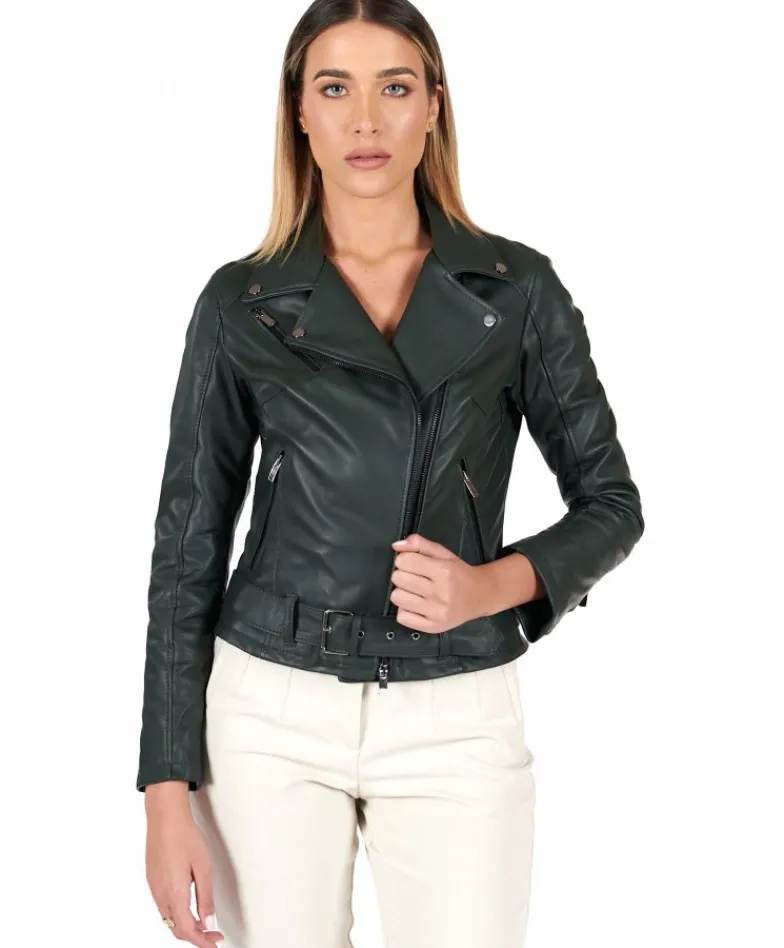Donna D'Arienzo Chiodo D - Chiodo in pelle naturale verde con cintura effetto liscio