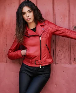 Donna D'Arienzo Chiodo D - Chiodo in pelle rossa con cintura nappa effetto liscio