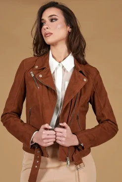 Donna D'Arienzo Chiodo D - Chiodo in pelle camoscio color cuoio con cintura