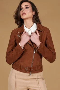 Donna D'Arienzo Chiodo D - Chiodo in pelle camoscio color cuoio con cintura
