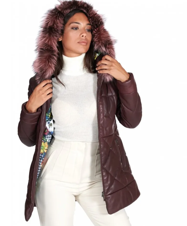 Donna D'Arienzo Chloe - Piumino in pelle naturale bordeaux con cappuccio bordato pelliccia