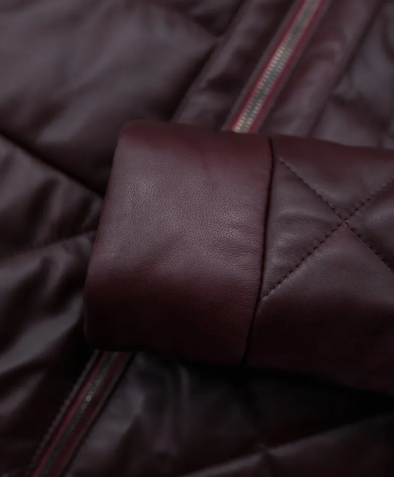 Donna D'Arienzo Chloe - Piumino in pelle naturale bordeaux con cappuccio bordato pelliccia
