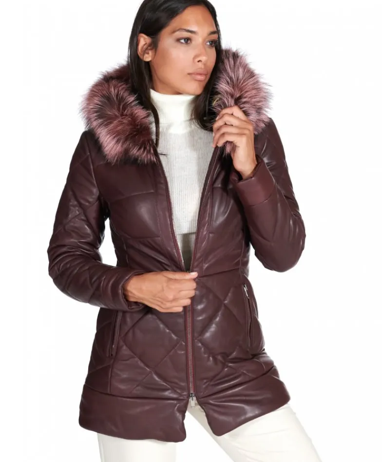 Donna D'Arienzo Chloe - Piumino in pelle naturale bordeaux con cappuccio bordato pelliccia