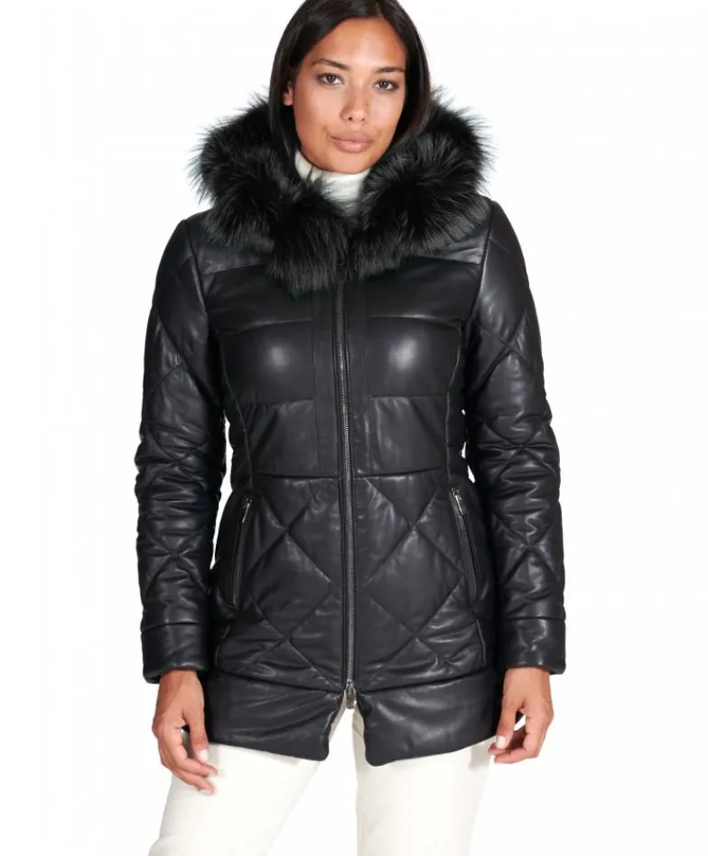 Donna D'Arienzo Chloe - Piumino in pelle naturale nera con cappuccio bordato pelliccia