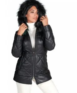 Donna D'Arienzo Chloe - Piumino in pelle naturale nera con cappuccio bordato pelliccia