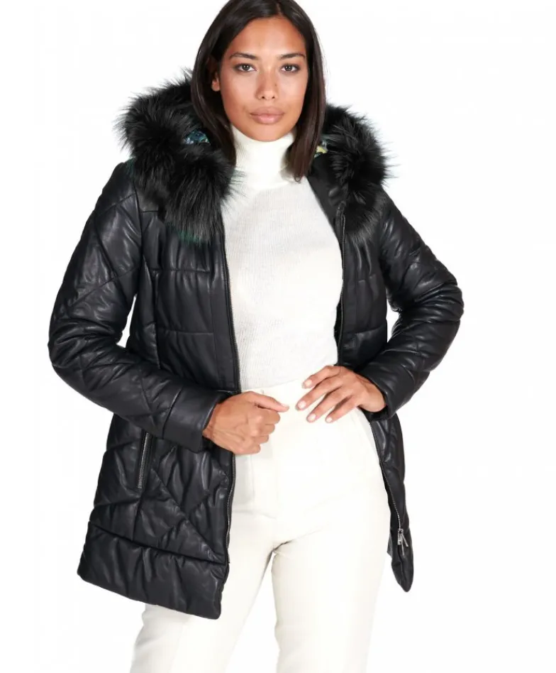Donna D'Arienzo Chloe - Piumino in pelle naturale nera con cappuccio bordato pelliccia