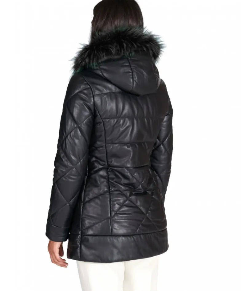 Donna D'Arienzo Chloe - Piumino in pelle naturale nera con cappuccio bordato pelliccia