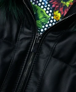 Donna D'Arienzo Chloe - Piumino in pelle naturale nera con cappuccio bordato pelliccia