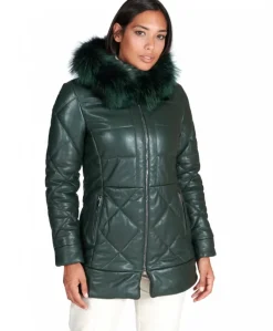 Donna D'Arienzo Chloe - Piumino in pelle naturale verde con cappuccio bordato pelliccia
