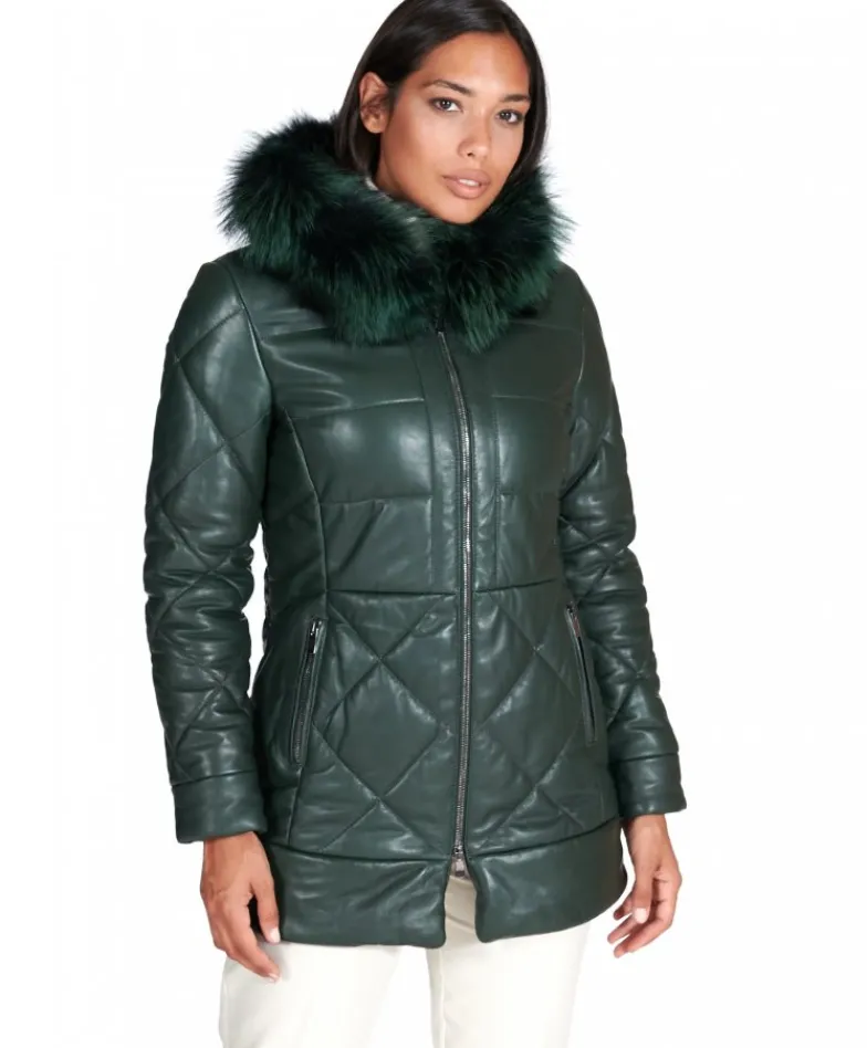 Donna D'Arienzo Chloe - Piumino in pelle naturale verde con cappuccio bordato pelliccia