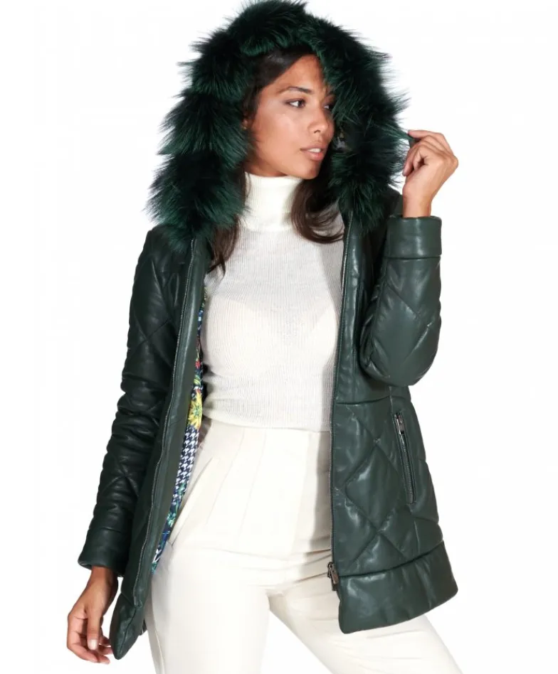 Donna D'Arienzo Chloe - Piumino in pelle naturale verde con cappuccio bordato pelliccia