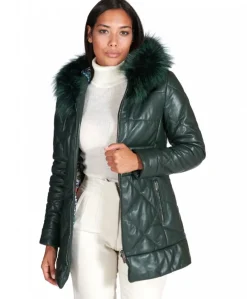 Donna D'Arienzo Chloe - Piumino in pelle naturale verde con cappuccio bordato pelliccia