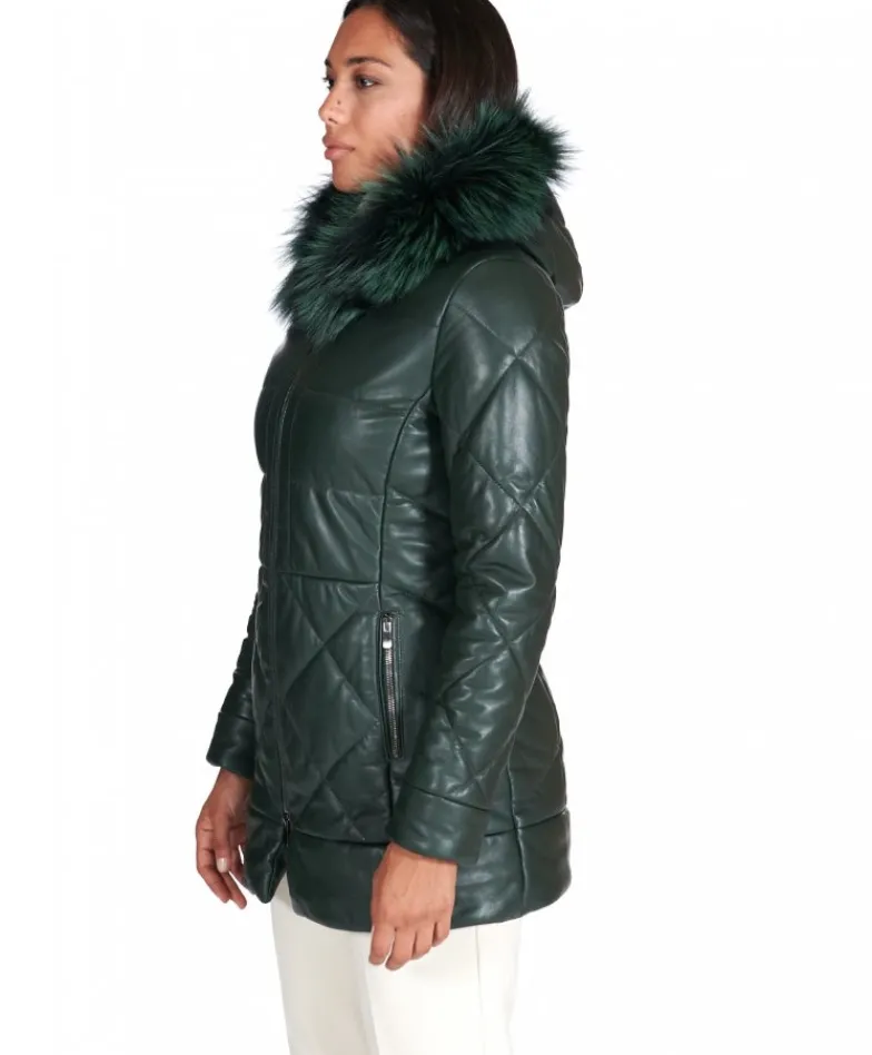 Donna D'Arienzo Chloe - Piumino in pelle naturale verde con cappuccio bordato pelliccia