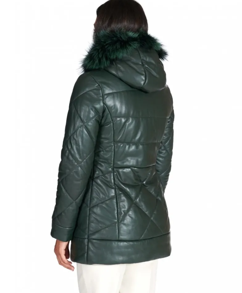 Donna D'Arienzo Chloe - Piumino in pelle naturale verde con cappuccio bordato pelliccia