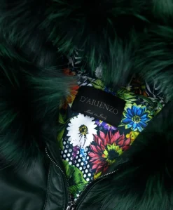 Donna D'Arienzo Chloe - Piumino in pelle naturale verde con cappuccio bordato pelliccia