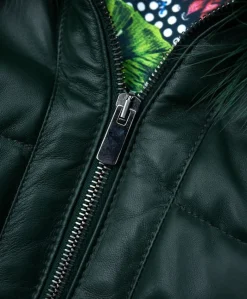 Donna D'Arienzo Chloe - Piumino in pelle naturale verde con cappuccio bordato pelliccia