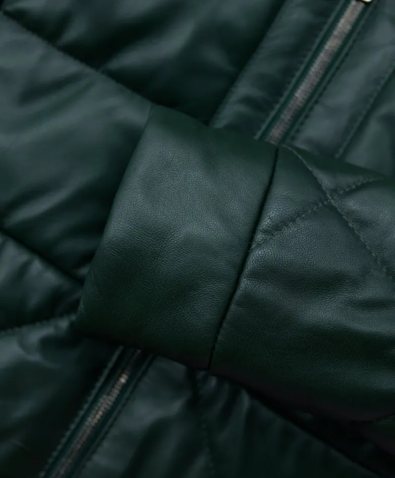 Donna D'Arienzo Chloe - Piumino in pelle naturale verde con cappuccio bordato pelliccia