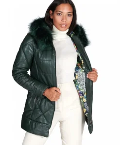 Donna D'Arienzo Chloe - Piumino in pelle naturale verde con cappuccio bordato pelliccia
