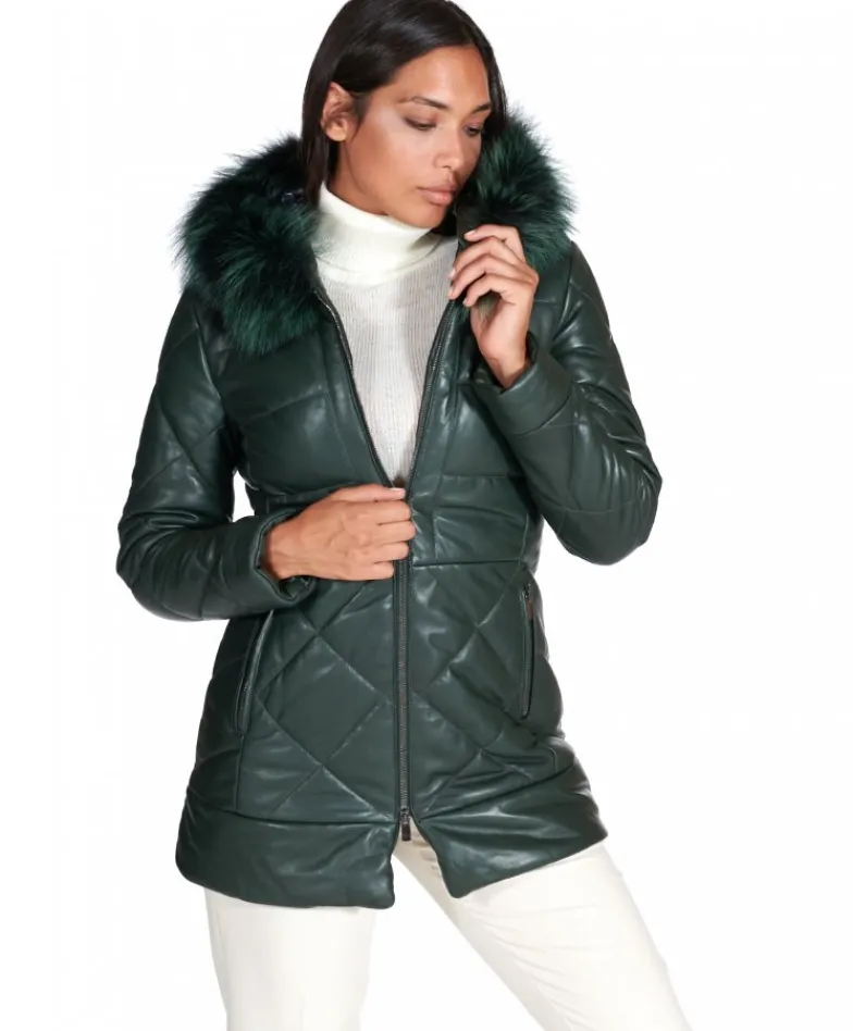 Donna D'Arienzo Chloe - Piumino in pelle naturale verde con cappuccio bordato pelliccia