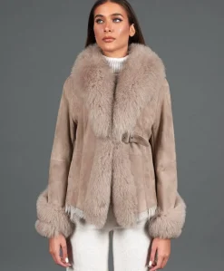 Donna D'Arienzo Clara - Giacca in montone scamosciato beige con collo in volpe