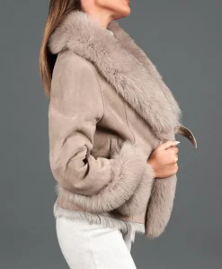 Donna D'Arienzo Clara - Giacca in montone scamosciato beige con collo in volpe