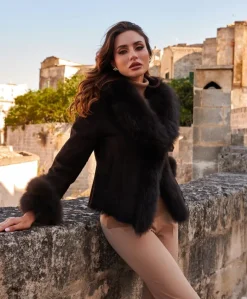 Donna D'Arienzo Clara - Giacca in montone scamosciato testa di moro con collo in volpe