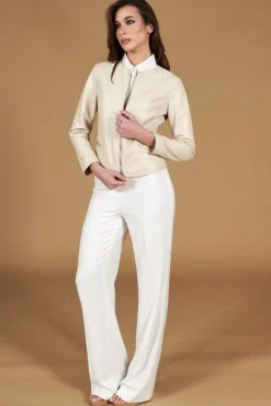 Donna D'Arienzo Clear - Giacca corta in pelle color crema girocollo nappa effetto liscio