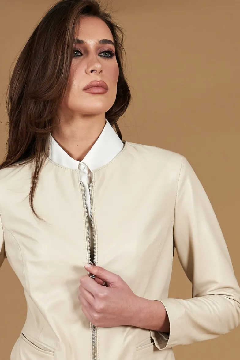 Donna D'Arienzo Clear - Giacca corta in pelle color crema girocollo nappa effetto liscio