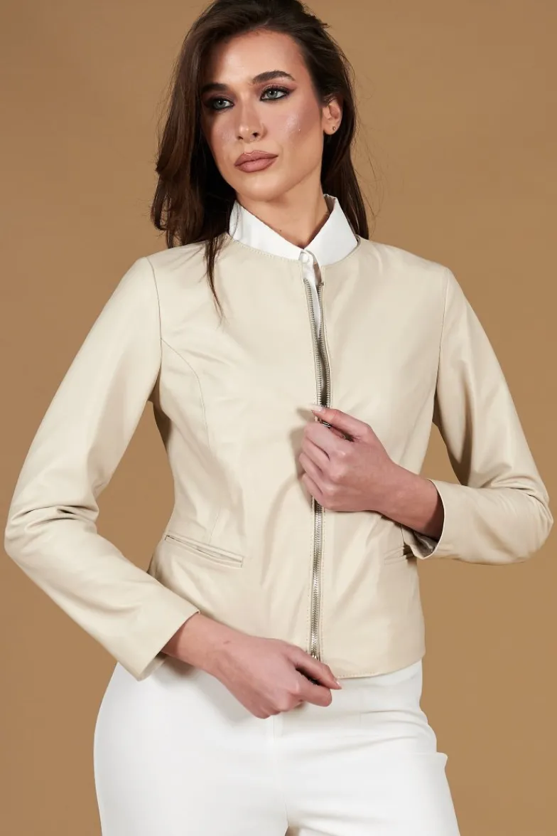 Donna D'Arienzo Clear - Giacca corta in pelle color crema girocollo nappa effetto liscio
