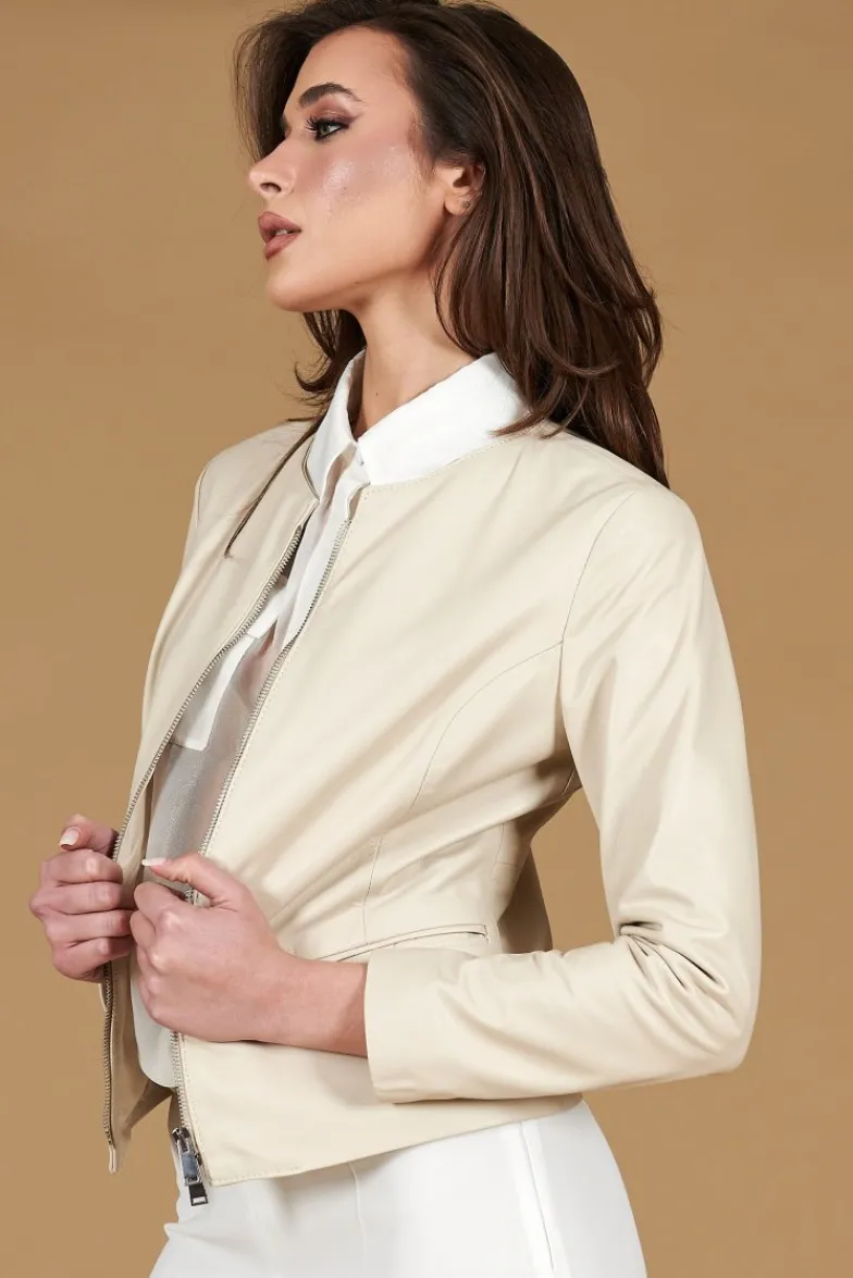 Donna D'Arienzo Clear - Giacca corta in pelle color crema girocollo nappa effetto liscio