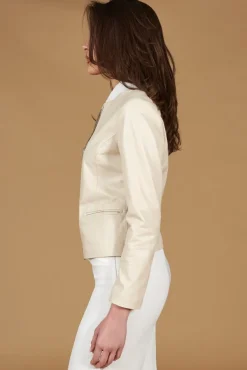 Donna D'Arienzo Clear - Giacca corta in pelle color crema girocollo nappa effetto liscio