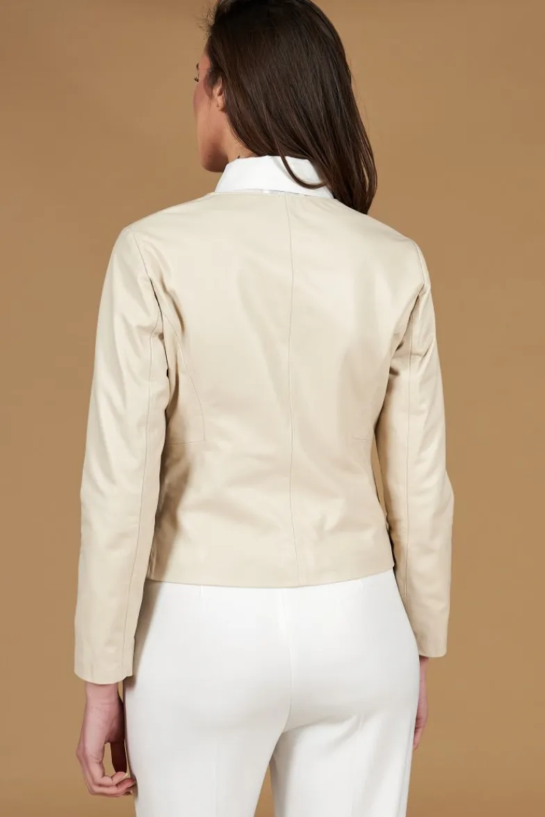 Donna D'Arienzo Clear - Giacca corta in pelle color crema girocollo nappa effetto liscio