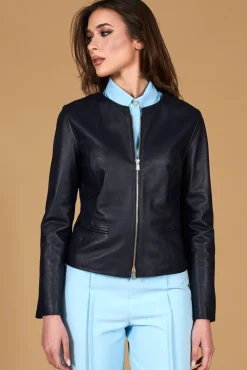 Donna D'Arienzo Clear - Giacca in pelle blu girocollo nappa effetto liscio