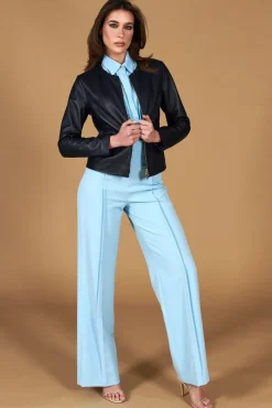 Donna D'Arienzo Clear - Giacca in pelle blu girocollo nappa effetto liscio