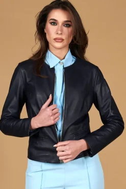 Donna D'Arienzo Clear - Giacca in pelle blu girocollo nappa effetto liscio