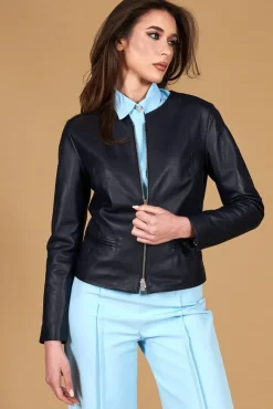 Donna D'Arienzo Clear - Giacca in pelle blu girocollo nappa effetto liscio
