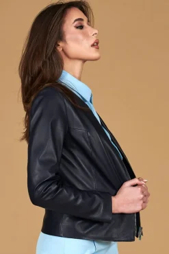 Donna D'Arienzo Clear - Giacca in pelle blu girocollo nappa effetto liscio
