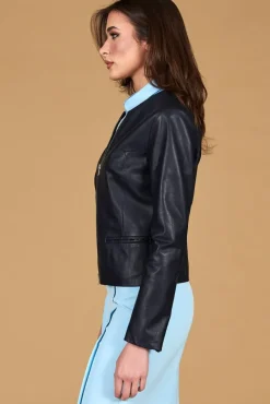 Donna D'Arienzo Clear - Giacca in pelle blu girocollo nappa effetto liscio