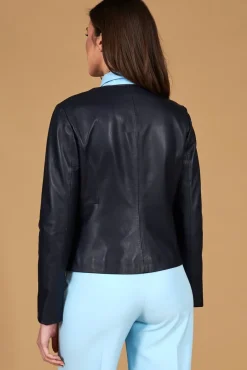Donna D'Arienzo Clear - Giacca in pelle blu girocollo nappa effetto liscio