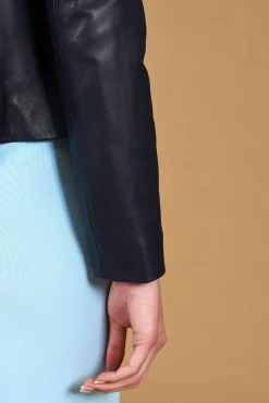 Donna D'Arienzo Clear - Giacca in pelle blu girocollo nappa effetto liscio