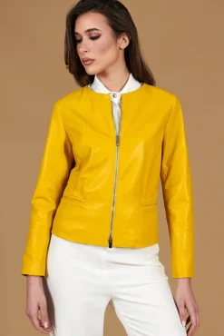 Donna D'Arienzo Clear - Giacca in pelle naturale giallo effetto liscio con girocollo