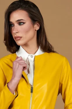Donna D'Arienzo Clear - Giacca in pelle naturale giallo effetto liscio con girocollo