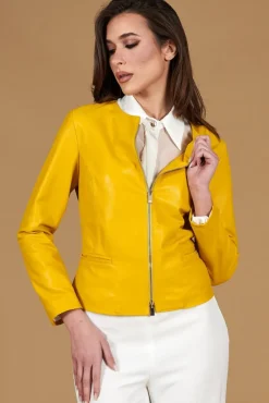 Donna D'Arienzo Clear - Giacca in pelle naturale giallo effetto liscio con girocollo