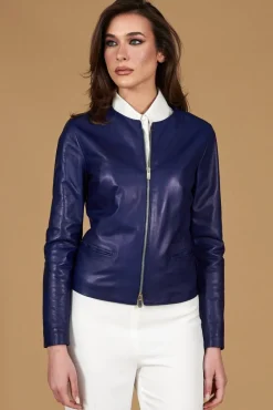 Donna D'Arienzo Clear - Giacca in pelle naturale bluette girocollo effetto liscio
