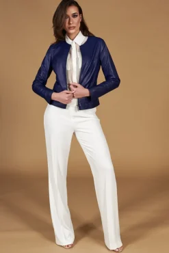 Donna D'Arienzo Clear - Giacca in pelle naturale bluette girocollo effetto liscio